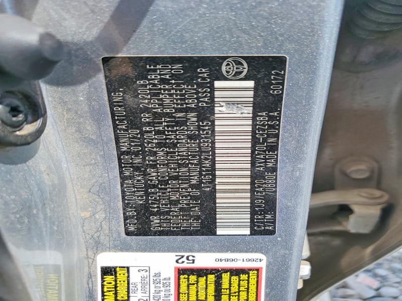 2020 Toyota Camry მანქანა იყიდება აუქციონზე, vin: 4T1G11AK2LU931545, აუქციონის ნომერი: 60071186