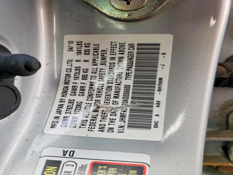 Aukcja sprzedaży 2010 Honda Civic, vin: JHMFA3F20AS006600, numer aukcji: 60998426