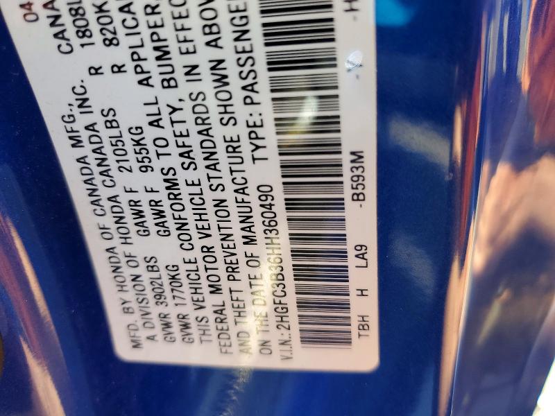 2017 Honda Civic მანქანა იყიდება აუქციონზე, vin: 2HGFC3B36HH360490, აუქციონის ნომერი: 61600506