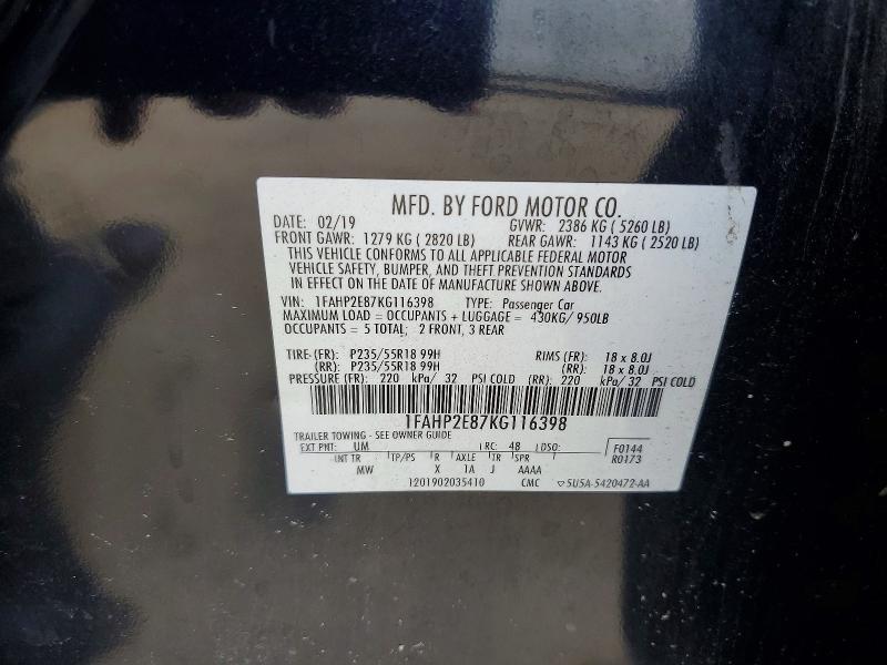 Продажа на аукционе авто 2019 Ford Taurus, vin: 1FAHP2E87KG116398, номер лота: 59898716