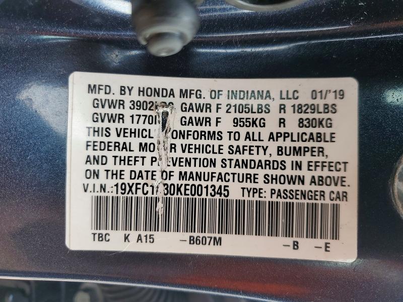 Продаж на аукціоні авто 2019 Honda Civic, vin: 19XFC1F30KE001345, номер лоту: 60817726