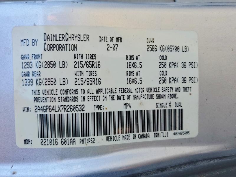 62453496 :رقم المزاد ، 2A4GP64LX7R260532 vin ، 2007 Chrysler Town & Country مزاد بيع