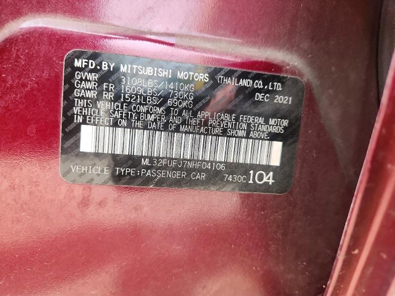 2022 Mitsubishi Mirage მანქანა იყიდება აუქციონზე, vin: ML32FUFJ7NHF04106, აუქციონის ნომერი: 61482616