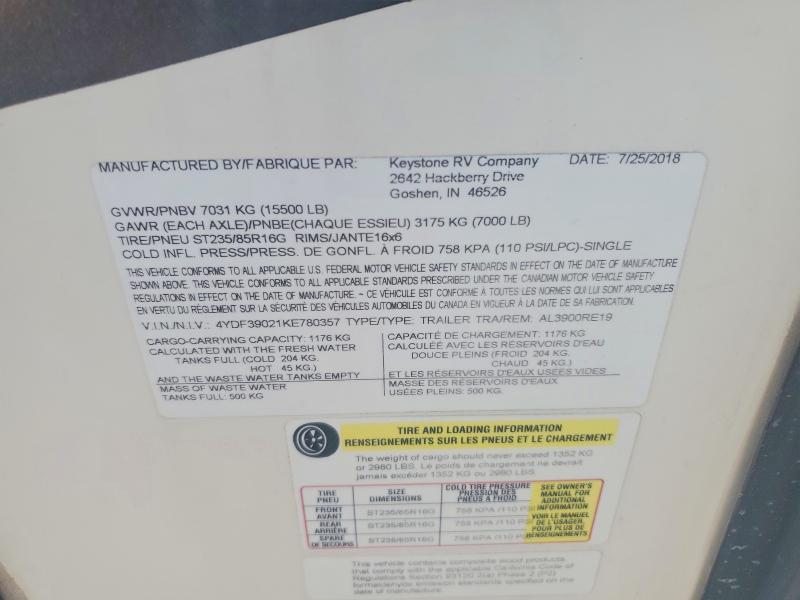 Aukcja sprzedaży 2019 Alpine Recreational Vehicle (rv), vin: 4YDF39021KE780357, numer aukcji: 58057376