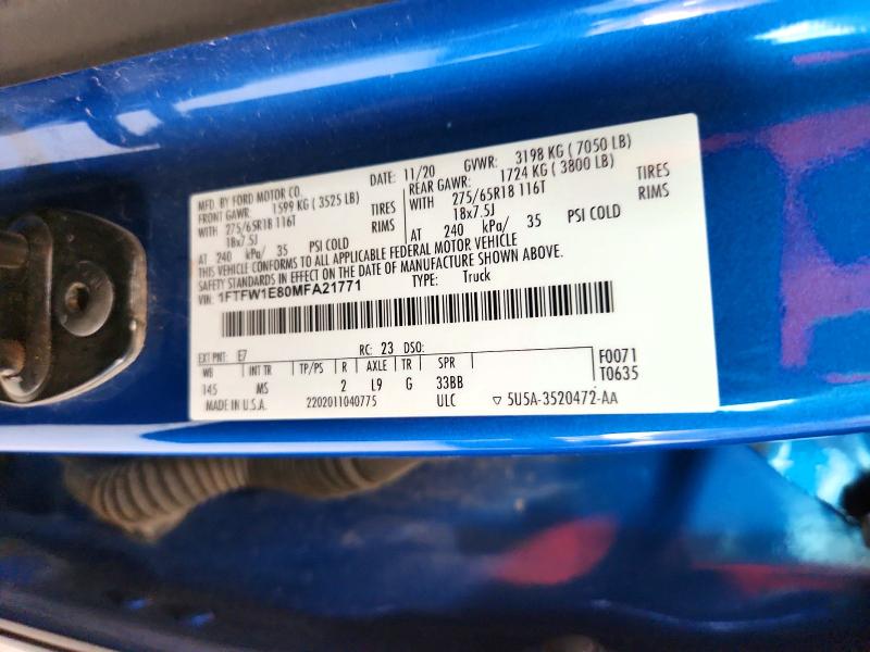 2021 Ford F150 მანქანა იყიდება აუქციონზე, vin: 1FTFW1E80MFA21771, აუქციონის ნომერი: 54006506