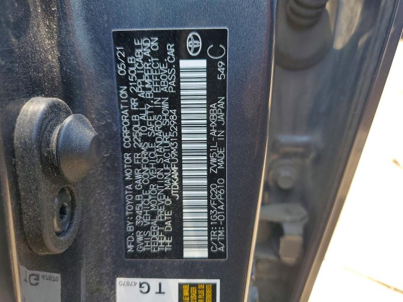 61318826 :رقم المزاد ، JTDKAMFU9M3152984 vin ، 2021 Toyota Prius مزاد بيع