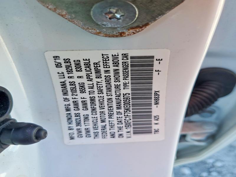 Продаж на аукціоні авто 2019 Honda Civic, vin: 19XFC1F75KE005975, номер лоту: 59196406
