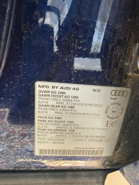 2022 Audi Q5 მანქანა იყიდება აუქციონზე, vin: WA1AAAFY6N2110013, აუქციონის ნომერი: 60769636