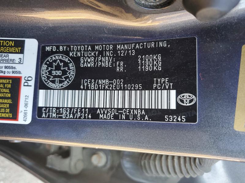 2014 Toyota Camry Hybrid მანქანა იყიდება აუქციონზე, vin: 4T1BD1FK2EU110295, აუქციონის ნომერი: 60119466