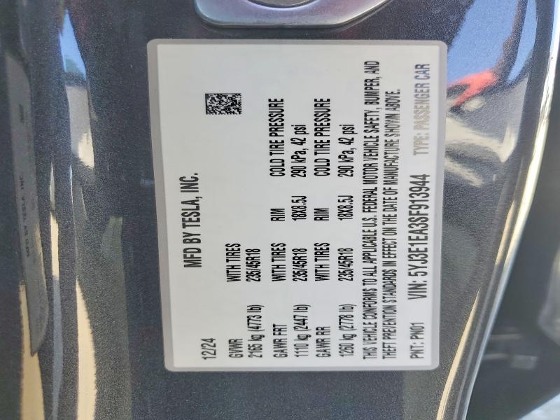 Продаж на аукціоні авто 2025 Tesla Model 3, vin: 5YJ3E1EA3SF913944, номер лоту: 62912836