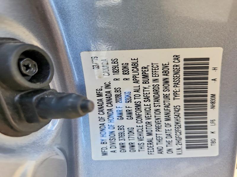 59919336 :رقم المزاد ، 2HGFC2F62KH547425 vin ، 2019 Honda Civic مزاد بيع