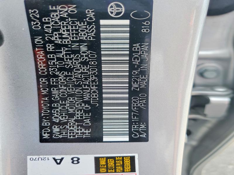 Aukcja sprzedaży 2023 Toyota Corolla Hybrid, vin: JTDBCMFE3P3018107, numer aukcji: 59775826