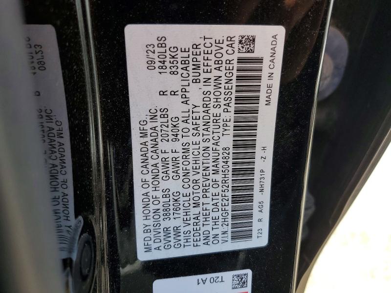 61530166 :رقم المزاد ، 2HGFE2F52RH504828 vin ، 2024 Honda Civic مزاد بيع