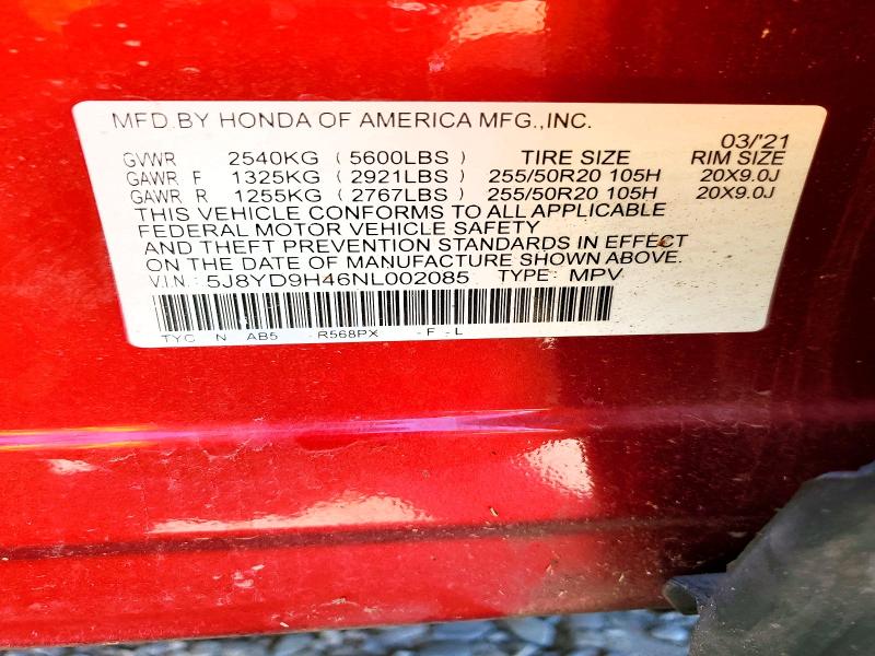 2022 Acura Mdx მანქანა იყიდება აუქციონზე, vin: 5J8YD9H46NL002085, აუქციონის ნომერი: 59887866