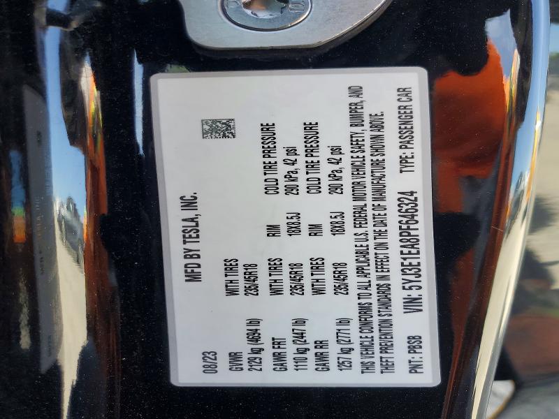 59840796 :رقم المزاد ، 5YJ3E1EA8PF646324 vin ، 2023 Tesla Model 3 مزاد بيع