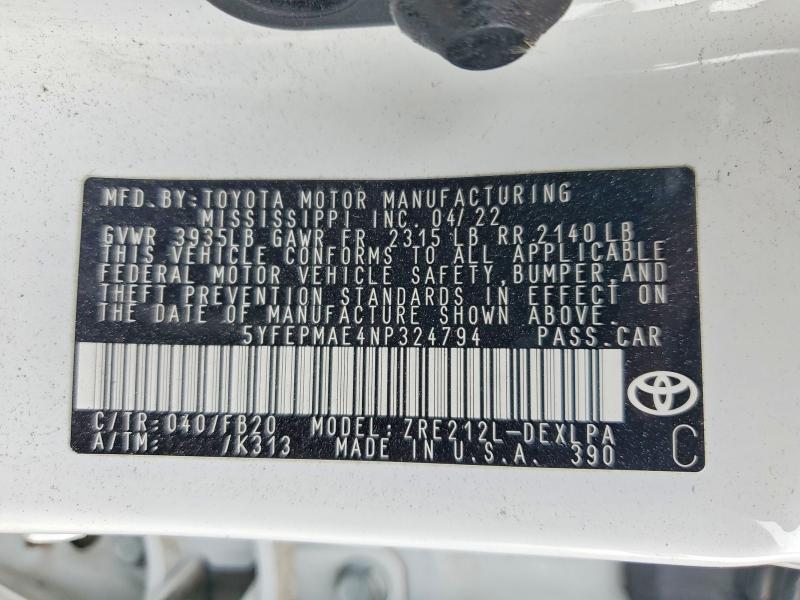 Продаж на аукціоні авто 2022 Toyota Corolla, vin: 5YFEPMAE4NP324794, номер лоту: 59806116
