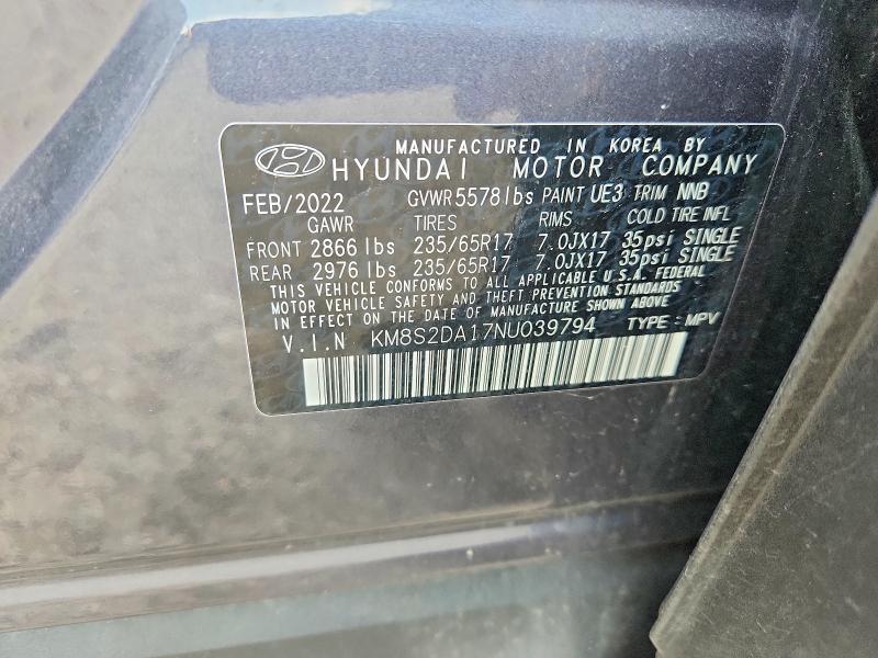 2022 Hyundai Santa Fe მანქანა იყიდება აუქციონზე, vin: KM8S2DA17NU039794, აუქციონის ნომერი: 60697916