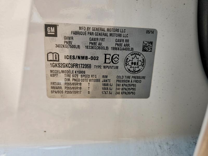 60019166 :رقم المزاد ، 1GKS2GKC9FR172068 vin ، 2015 Gmc Yukon Xl مزاد بيع