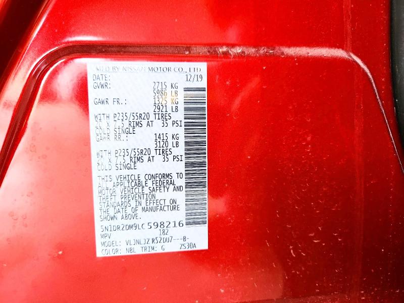 2020 Nissan Pathfinder მანქანა იყიდება აუქციონზე, vin: 5N1DR2DM9LC598216, აუქციონის ნომერი: 59584186