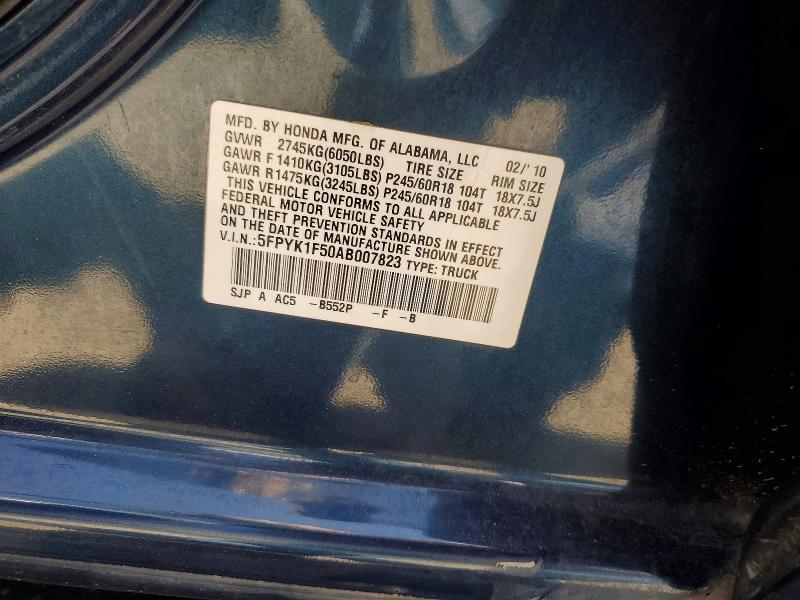 62343716 :رقم المزاد ، 5FPYK1F50AB007823 vin ، 2010 Honda Ridgeline مزاد بيع