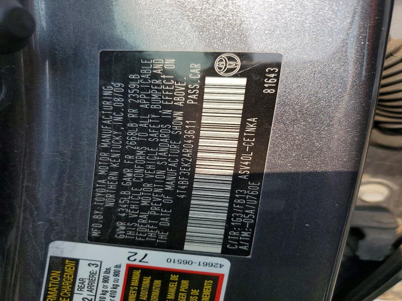 60506276 :رقم المزاد ، 4T4BF3EK2AR043611 vin ، 2010 Toyota Camry مزاد بيع
