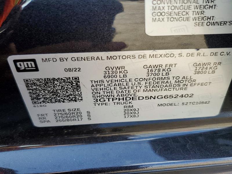 Aukcja sprzedaży 2022 Gmc Sierra, vin: 3GTPHDED5NG652402, numer aukcji: 63122086