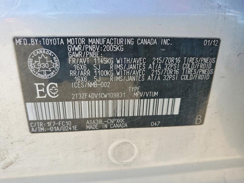 Aukcja sprzedaży 2012 Toyota Rav4, vin: 2T3ZF4DV1CW109831, numer aukcji: 61789316