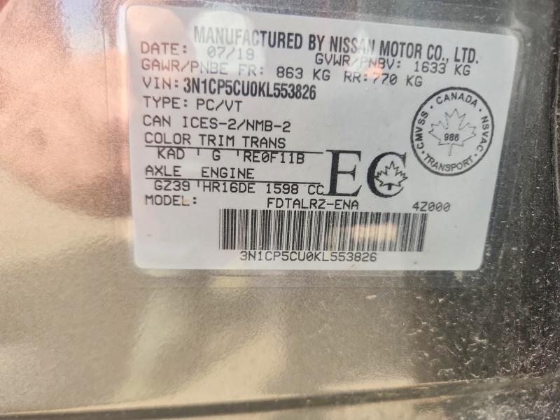 Aukcja sprzedaży 2019 Nissan Kicks, vin: 3N1CP5CU0KL553826, numer aukcji: 61977926