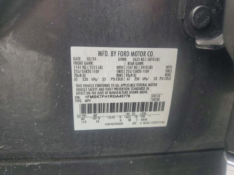60827696 :رقم المزاد ، 1FMSK7FH1RGA45778 vin ، 2024 Ford Explorer مزاد بيع