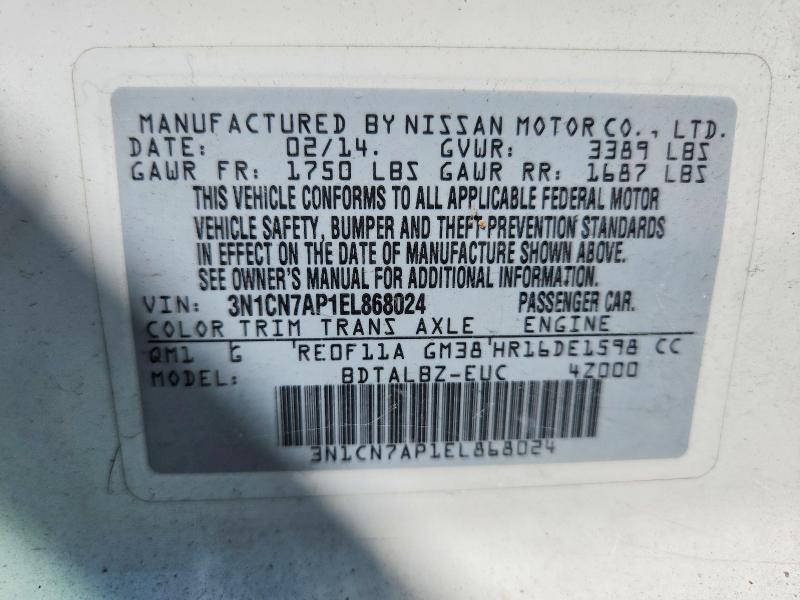 Aukcja sprzedaży 2014 Nissan Versa, vin: 3N1CN7AP1EL868024, numer aukcji: 62003806