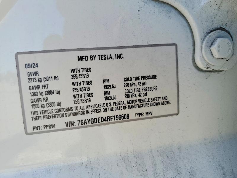2024 Tesla Model Y მანქანა იყიდება აუქციონზე, vin: 7SAYGDED4RF196608, აუქციონის ნომერი: 60297436