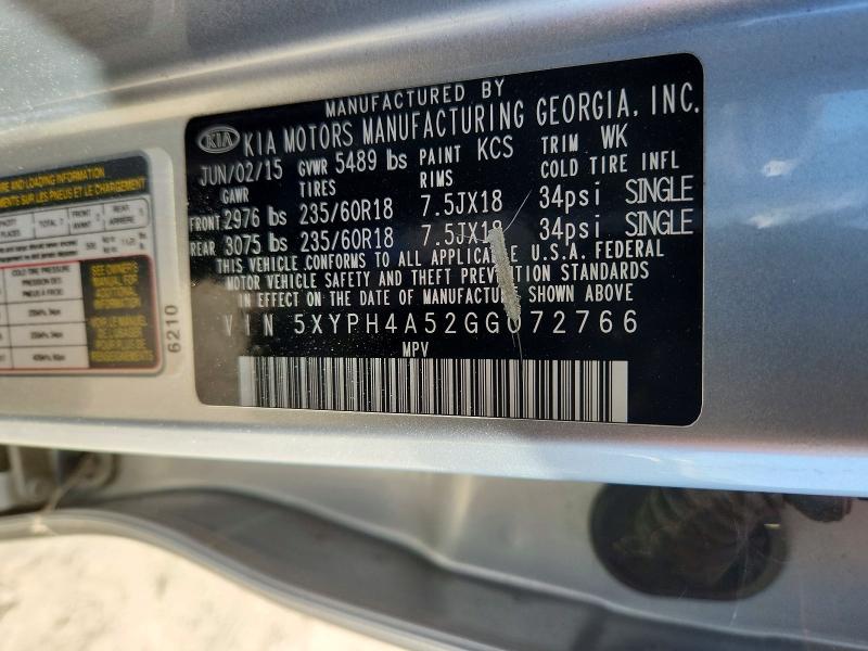 2016 Kia Sorento მანქანა იყიდება აუქციონზე, vin: 5XYPH4A52GG072766, აუქციონის ნომერი: 63307456