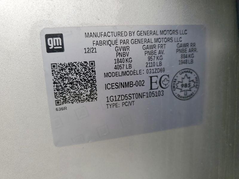 Продаж на аукціоні авто 2022 Chevrolet Malibu, vin: 1G1ZD5ST0NF105103, номер лоту: 62101036