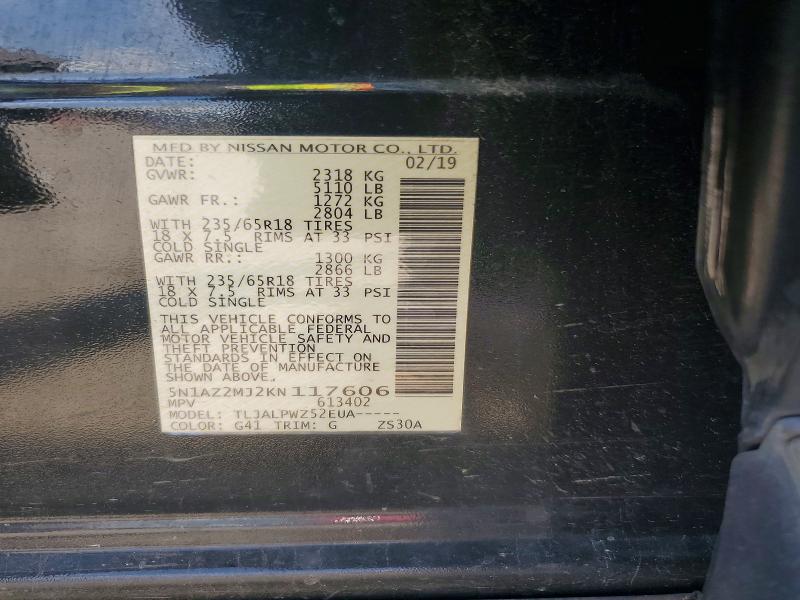 Aukcja sprzedaży 2019 Nissan Murano, vin: 5N1AZ2MJ2KN117606, numer aukcji: 62455396