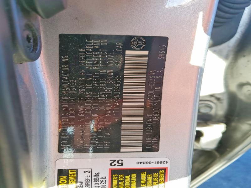 2022 Toyota Camry მანქანა იყიდება აუქციონზე, vin: 4T1T11AK8NU696585, აუქციონის ნომერი: 60047696