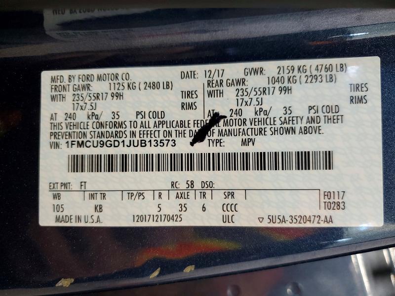 Продажа на аукционе авто 2018 Ford Escape, vin: 1FMCU9GD1JUB13573, номер лота: 58291496