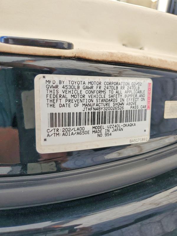 Aukcja sprzedaży 2002 Lexus Sc, vin: JTHFN48Y320026526, numer aukcji: 62486696