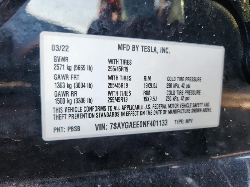 Auction sale of the 2022 Tesla Model Y, vin: 7SAYGAEE0NF401133, lot number: 61929016