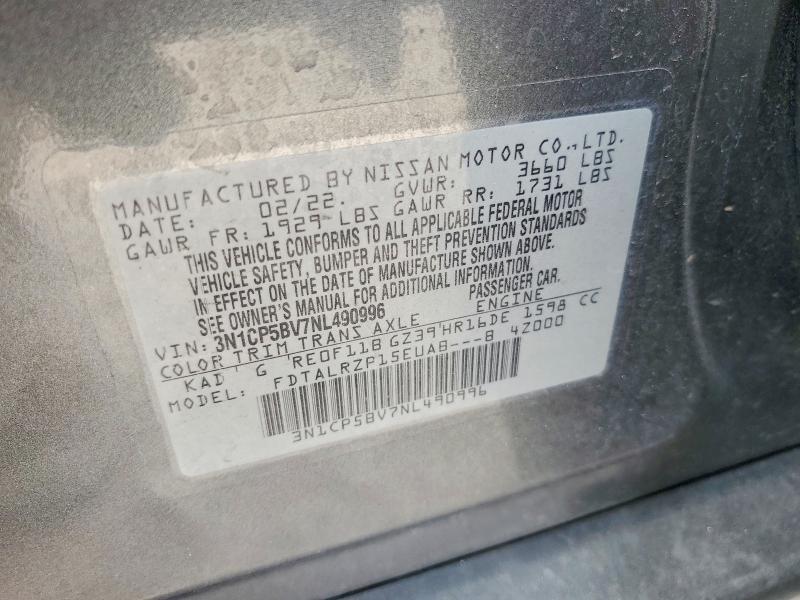62244996 :رقم المزاد ، 3N1CP5BV7NL490996 vin ، 2022 Nissan Kicks مزاد بيع