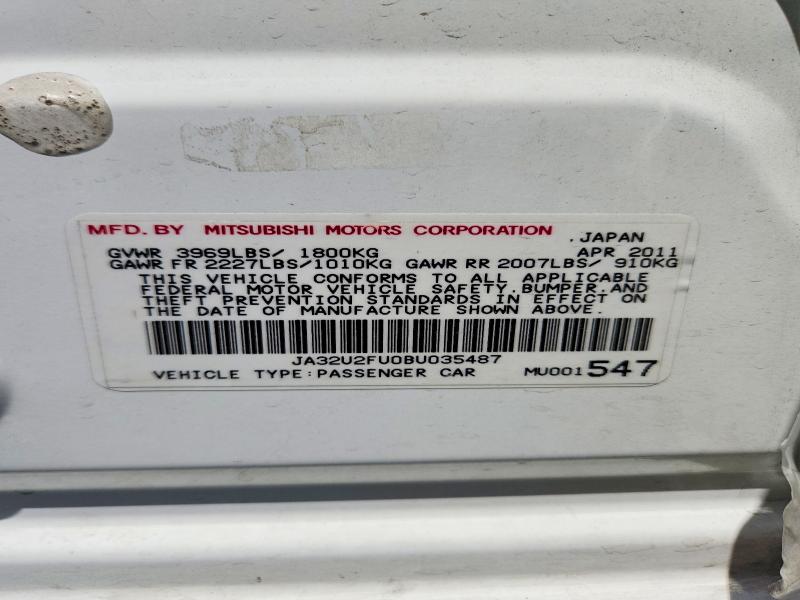 Aukcja sprzedaży 2011 Mitsubishi Lancer, vin: JA32U2FU0BU035487, numer aukcji: 61780586