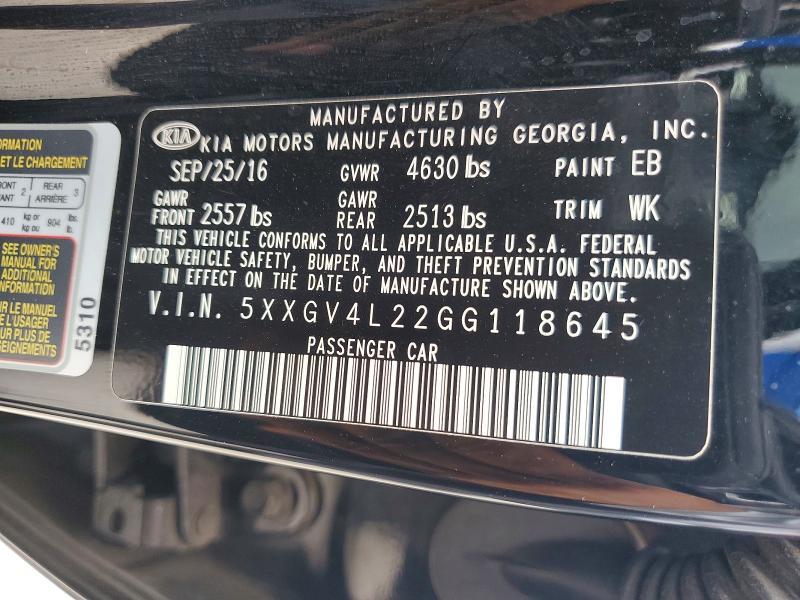 60934756 :رقم المزاد ، 5XXGV4L22GG118645 vin ، 2016 Kia Optima مزاد بيع
