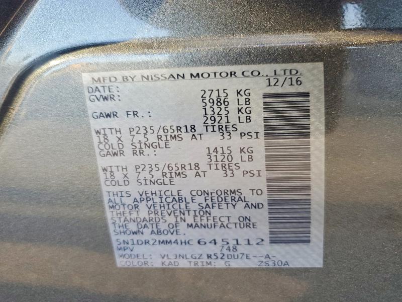 2017 Nissan Pathfinder მანქანა იყიდება აუქციონზე, vin: 5N1DR2MM4HC645112, აუქციონის ნომერი: 61545256