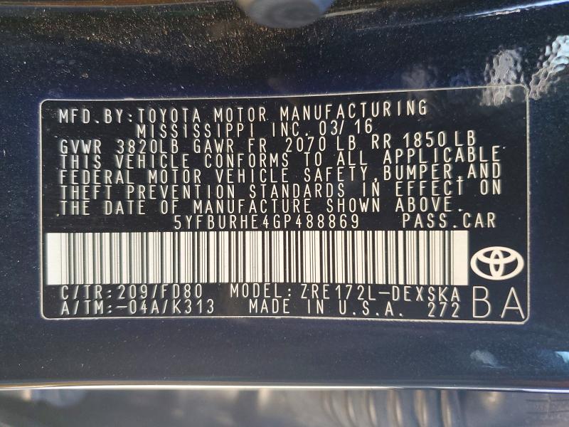 63166086 :رقم المزاد ، 5YFBURHE4GP488869 vin ، 2016 Toyota Corolla مزاد بيع
