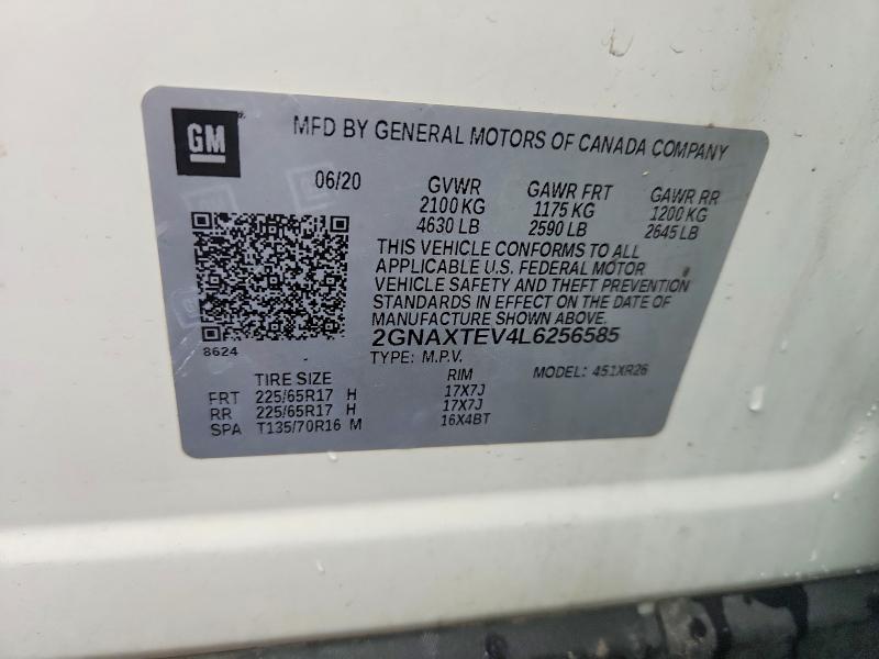 2020 Chevrolet Equinox მანქანა იყიდება აუქციონზე, vin: 2GNAXTEV4L6256585, აუქციონის ნომერი: 60137756