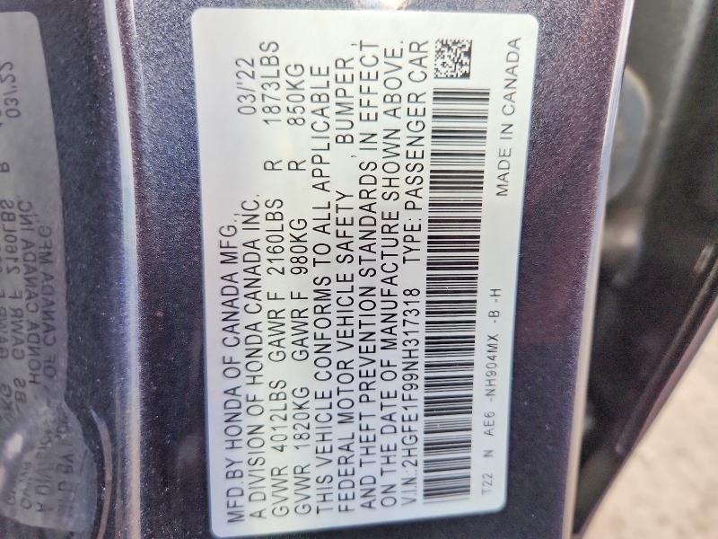 2022 Honda Civic მანქანა იყიდება აუქციონზე, vin: 2HGFE1F99NH317318, აუქციონის ნომერი: 60805426
