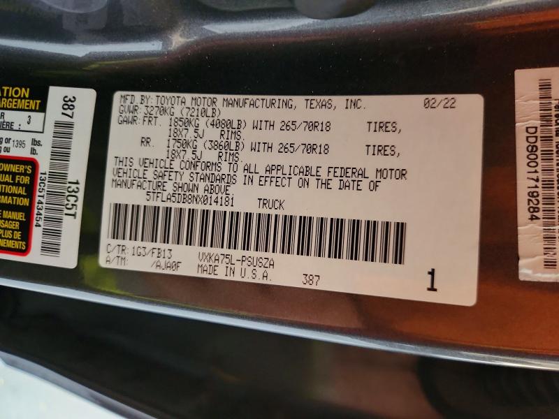 Продаж на аукціоні авто 2022 Toyota Tundra, vin: 5TFLA5DB8NX014181, номер лоту: 60403446