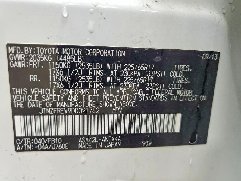 62216216 :رقم المزاد ، JTMZFREV9DD021782 vin ، 2013 Toyota Rav4 مزاد بيع