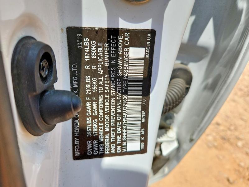 2019 Honda Civic მანქანა იყიდება აუქციონზე, vin: SHHFK7H94KU221636, აუქციონის ნომერი: 59632696