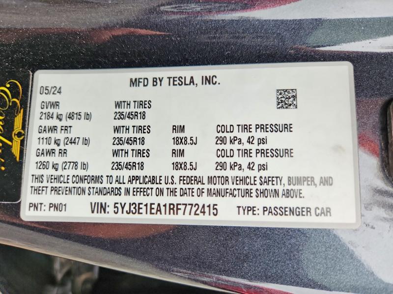 Aukcja sprzedaży 2024 Tesla Model 3, vin: 5YJ3E1EA1RF772415, numer aukcji: 59777766