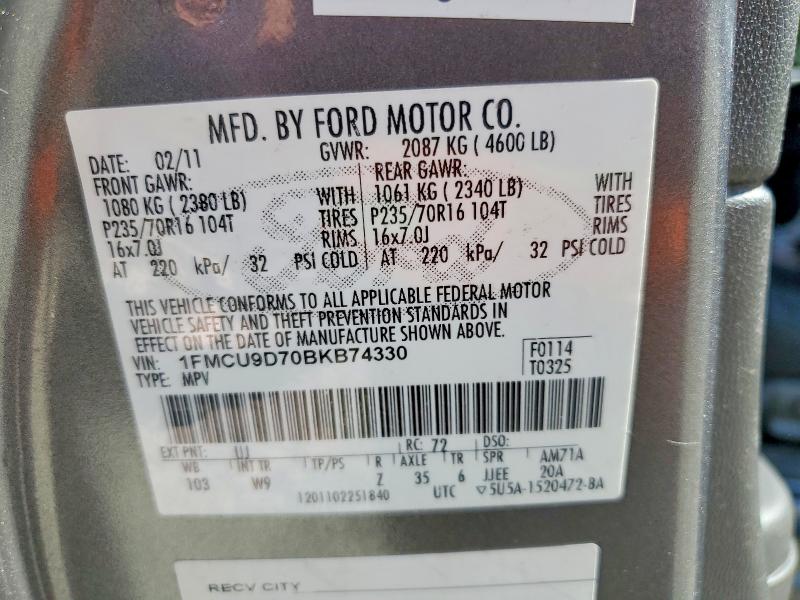 62636966 :رقم المزاد ، 1FMCU9D70BKB74330 vin ، 2011 Ford Escape مزاد بيع